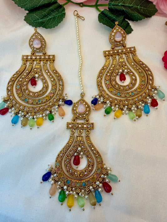 Multicoloured Kundan Earings & Maang Tikka Set