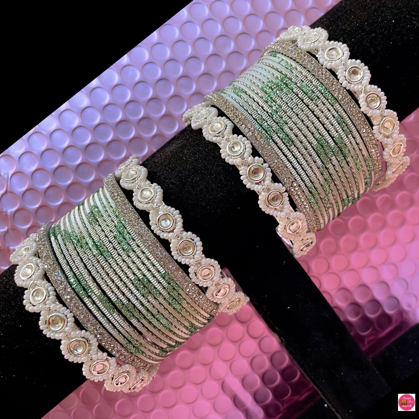 Silver Pearl Metal Bangles Set- Mint Green