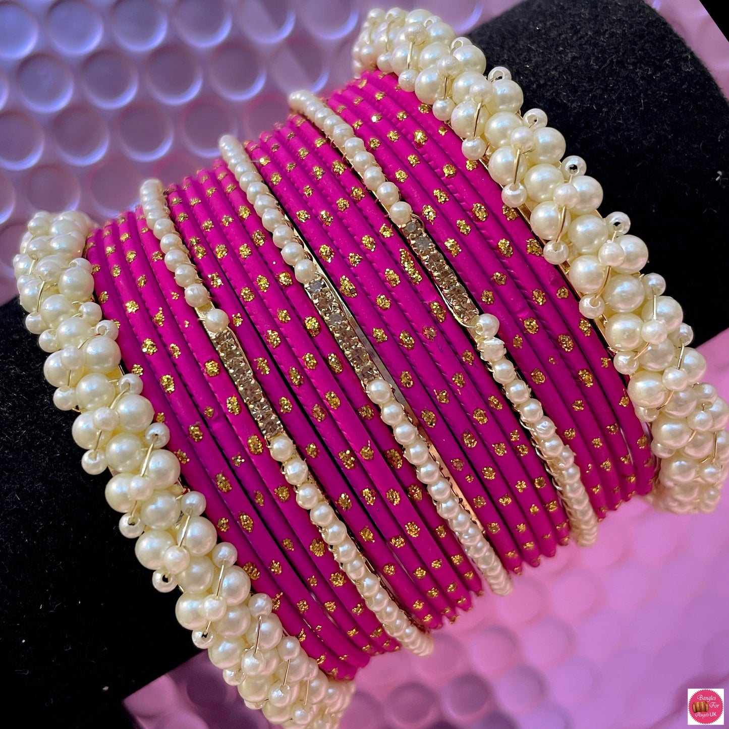 Pearl Metal Bangles Set- Hot Pink