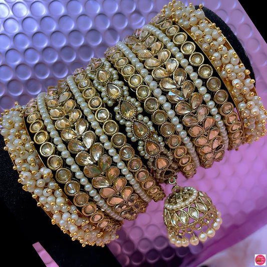 Kundan Pearl Hanging Metal Bangles Set