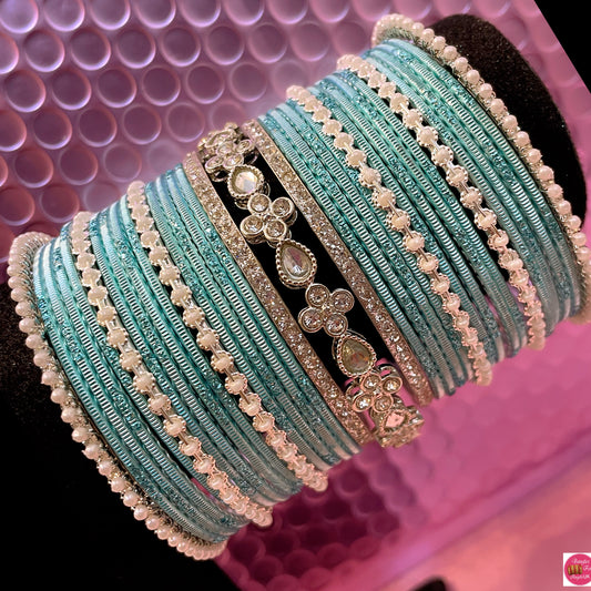 Silver Kundan Pearl Metal Bangles Set- Ice Blue