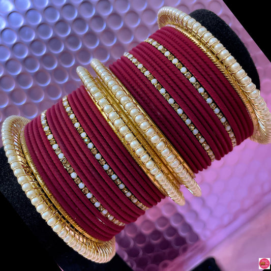 Pearl Zirconia Metal Bangles Set- Maroon