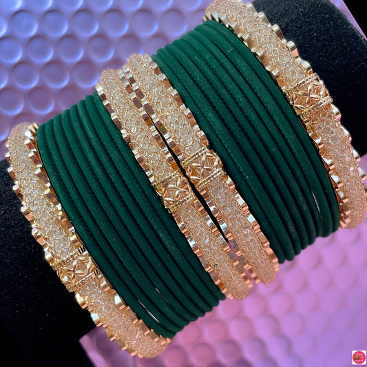 Gold Zirconia Metal Bangles Set- Green
