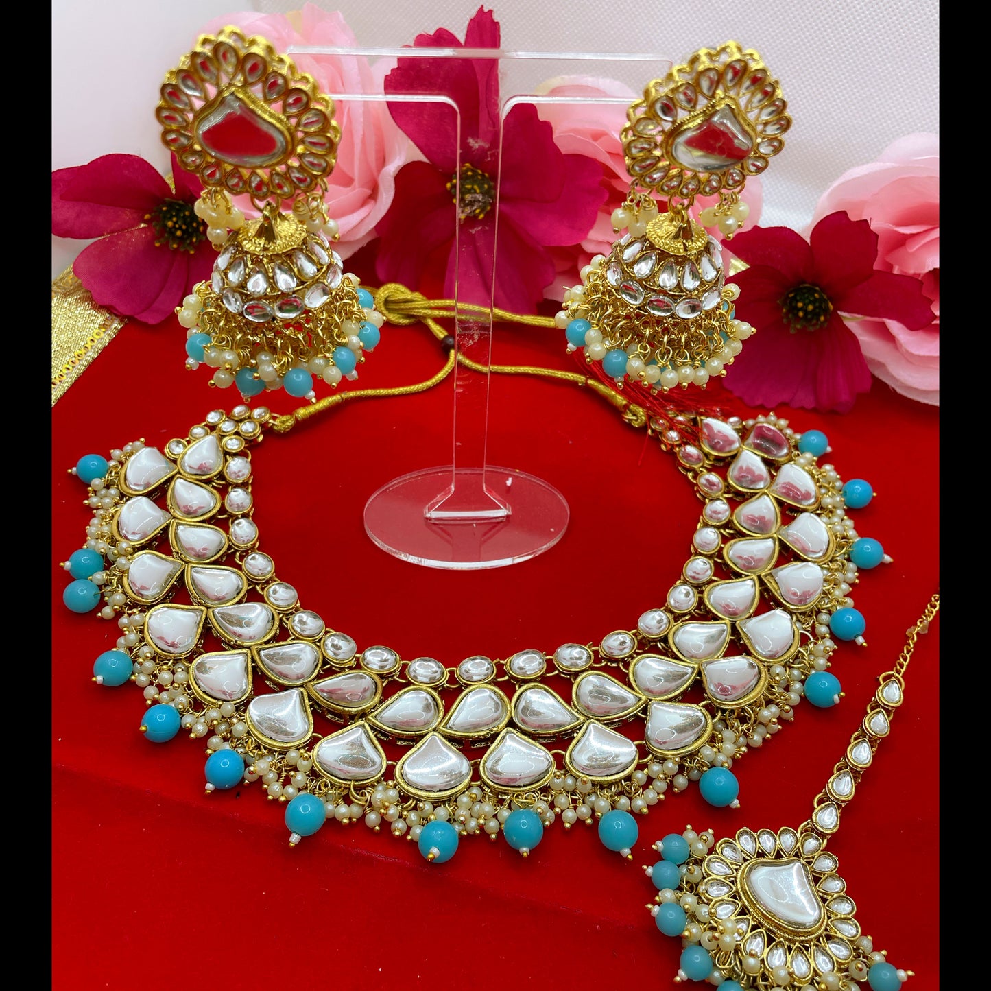 Kundan Pearl Necklace, Earings & Maang Tikka Set- Aqua/Sky Blue