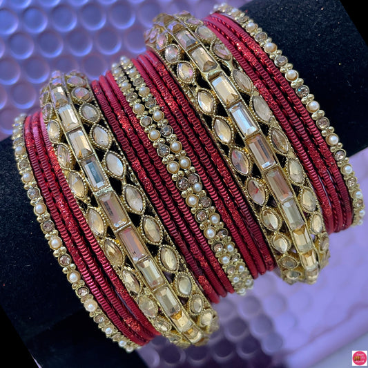 Kundan Maroon Metal Bangles Set- Size 2.10