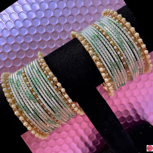 Gold Pearl Zirconia Metal Bangles Set- Mint Green