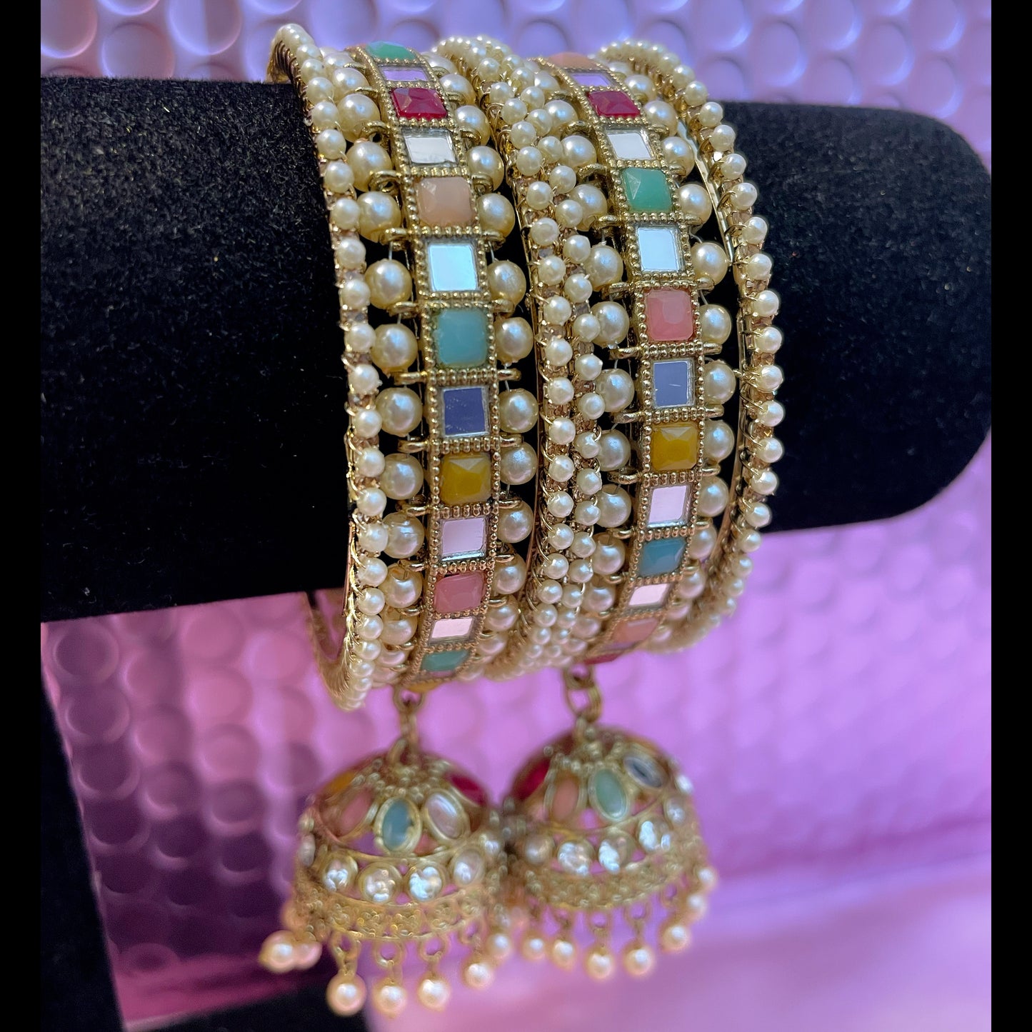 Kundan Pearl Hanging Metal Bangles Set