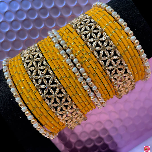 Gold Pearl Metal Bangles Set- Haldi/Turmeric Yellow