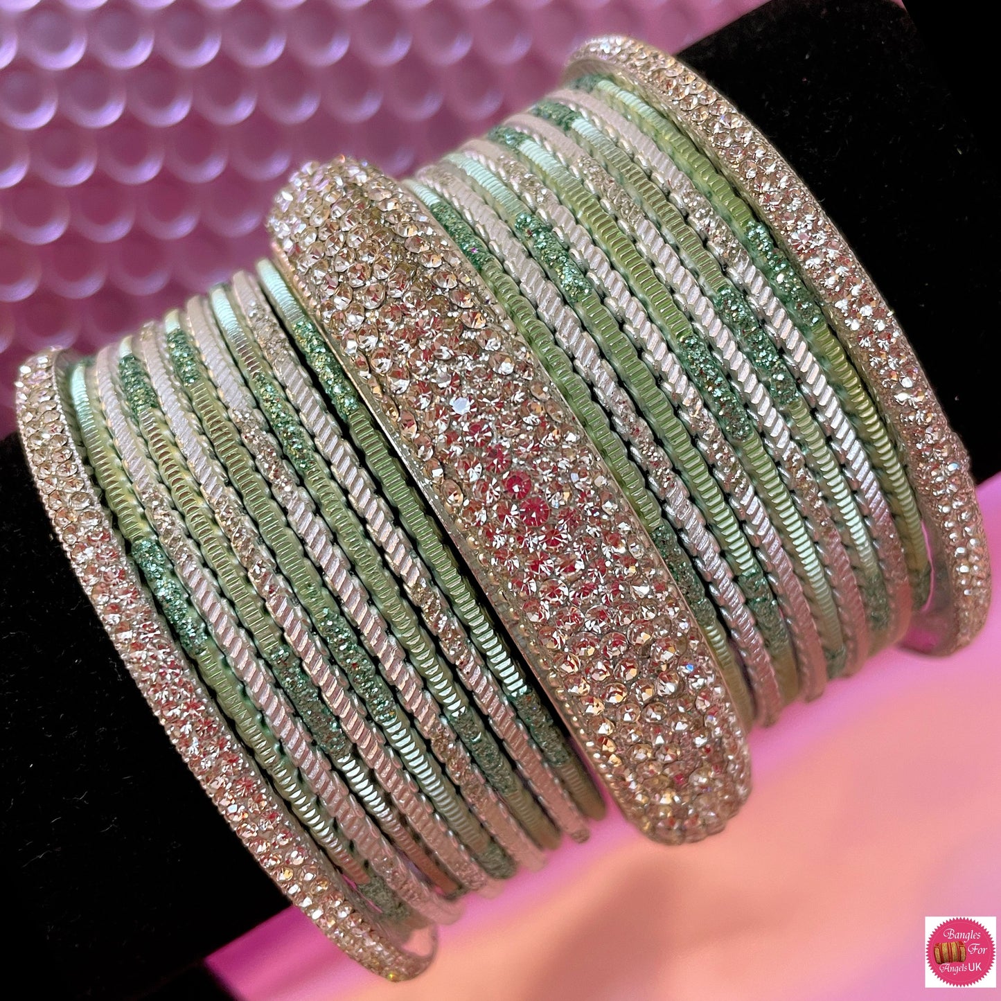 Silver Mint Green Zirconia Metal Bangles Set- Size 2.10