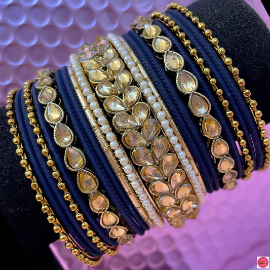 Kundan Pearl Metal Bangles Set- Navy Blue