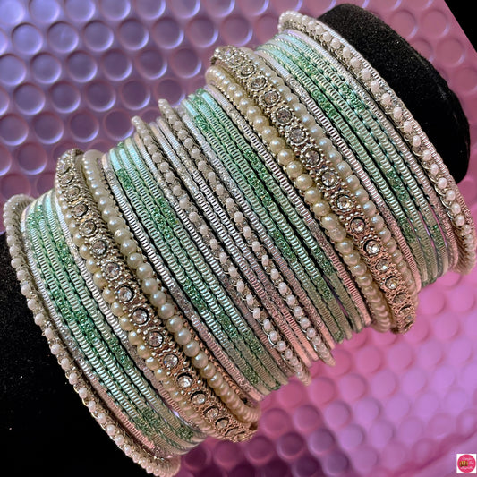 Silver Pearl Metal Bangles Set Mint Green- Size 2.10