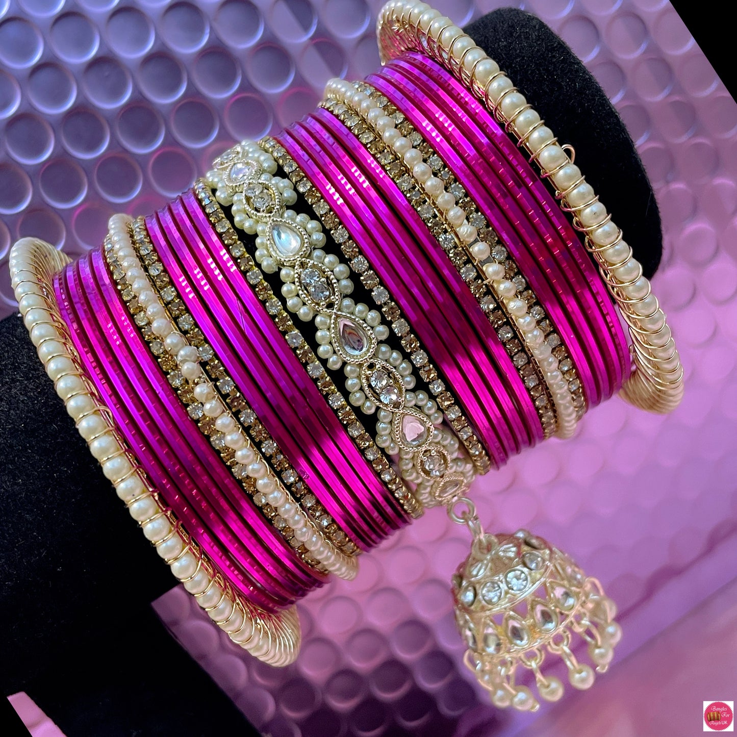 Kundan Pearl Hanging Metal Bangles Set- Hot Pink