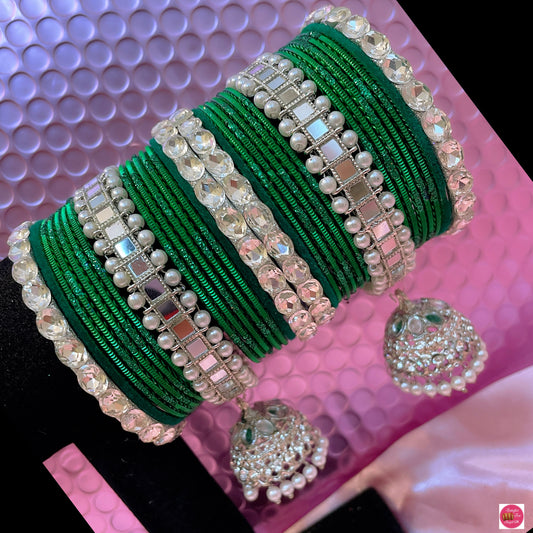 Silver Kundan Pearl Metal Bangles Set- Green