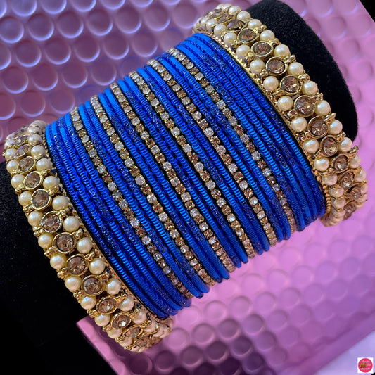 Pearl Zirconia Metal Bangles Set- Blue