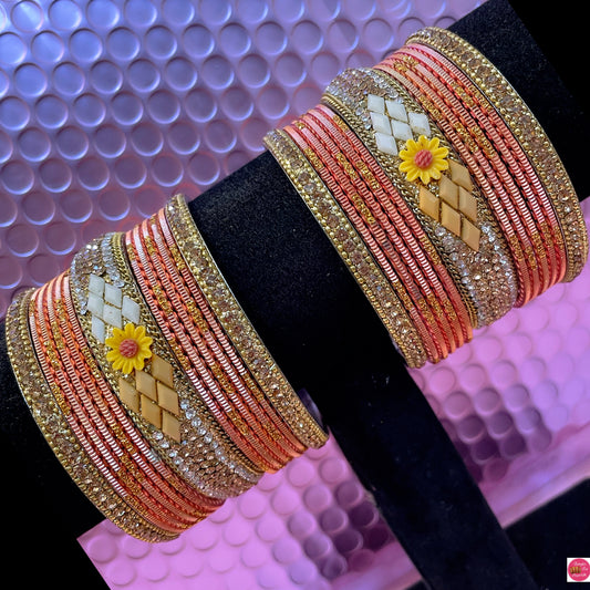 Gold Flower Metal Bangles Set- Peach