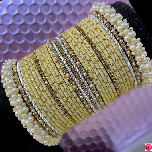 Pearl Zirconia Metal Bangles Set- Cream