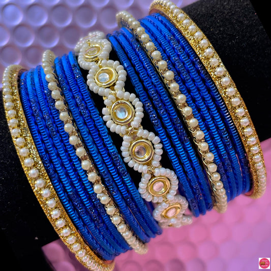 Pearl Metal Bangles Set- Blue