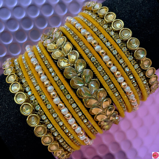 Kundan Pearl Zirconia Metal Bangles Set- Yellow