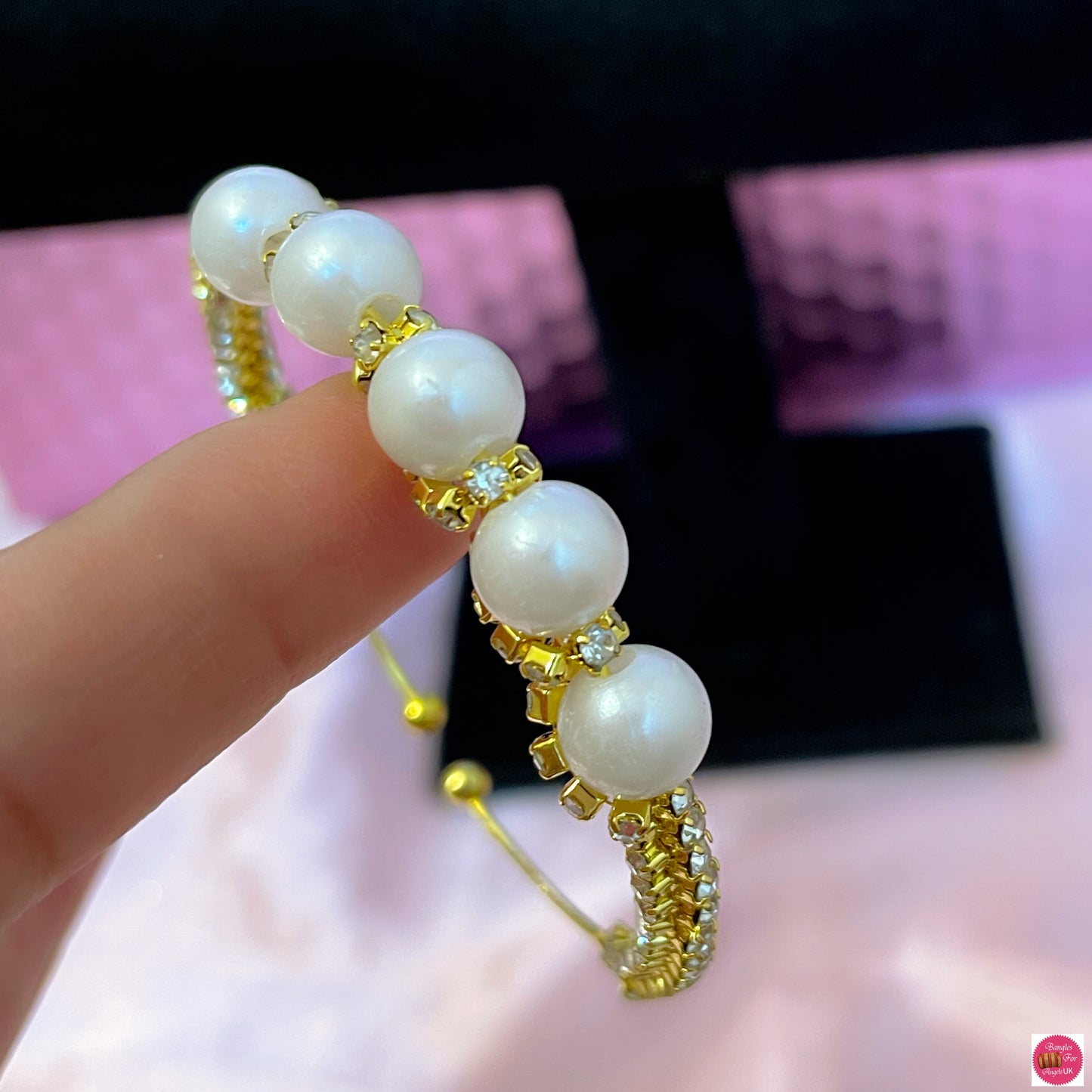 Gold Pearl Zirconia Open Adjustable Bracelet