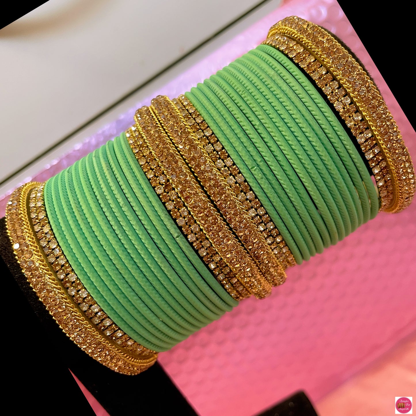 Gold Zirconia Metal Bangles Set- Mint Green