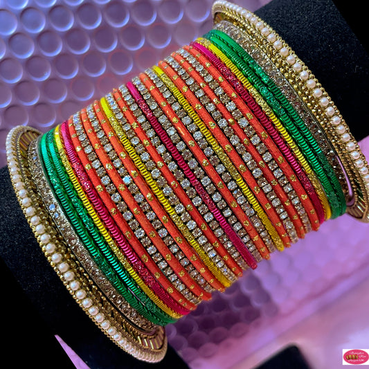 Multicoloured Pearl Zirconia Mehendi Metal Bangles Set- Size 2.10