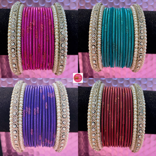 Silver Pearl Metal Bangles Sets Various Colours- Size 2.10