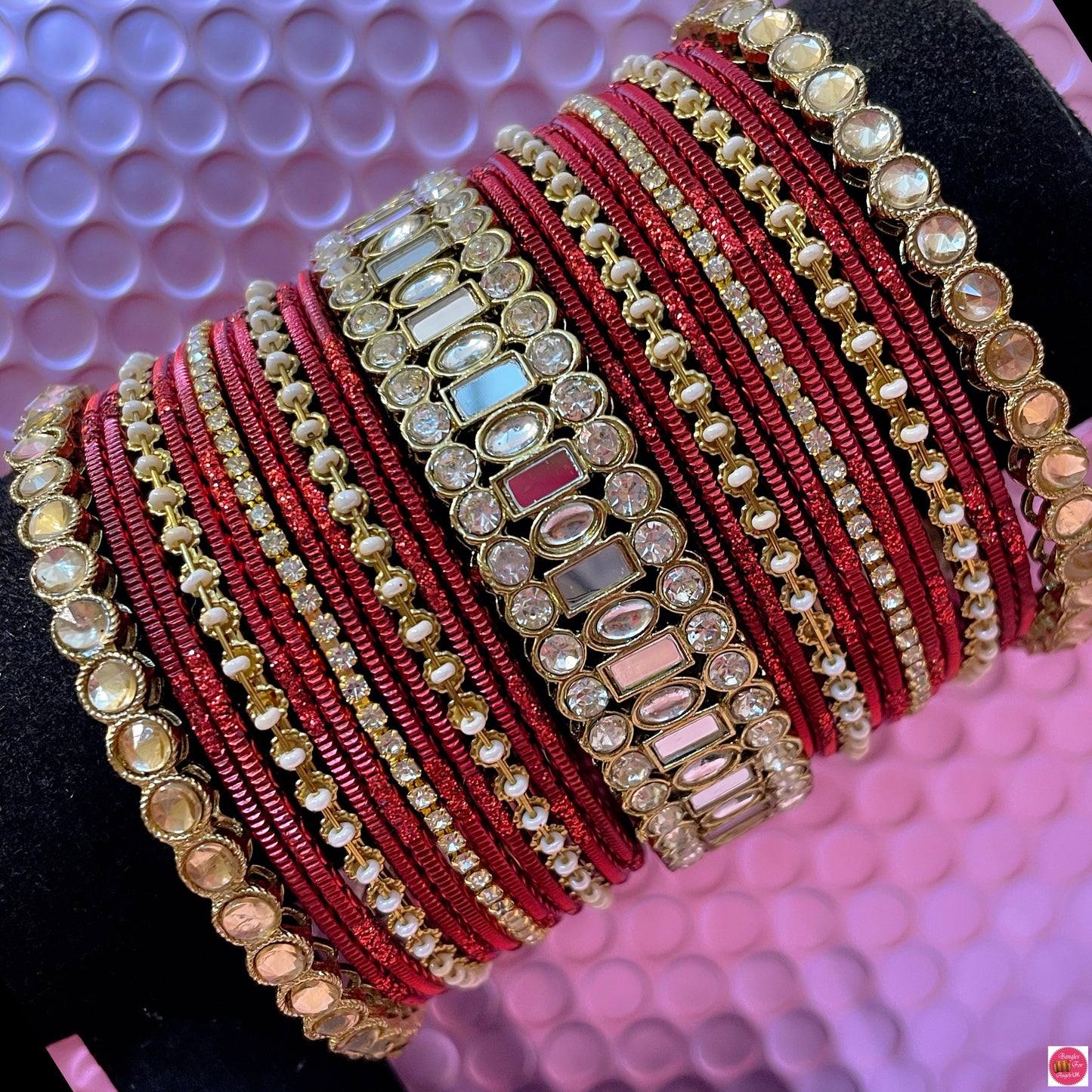 Kundan Maroon Metal Bangles Set- Size 2.10