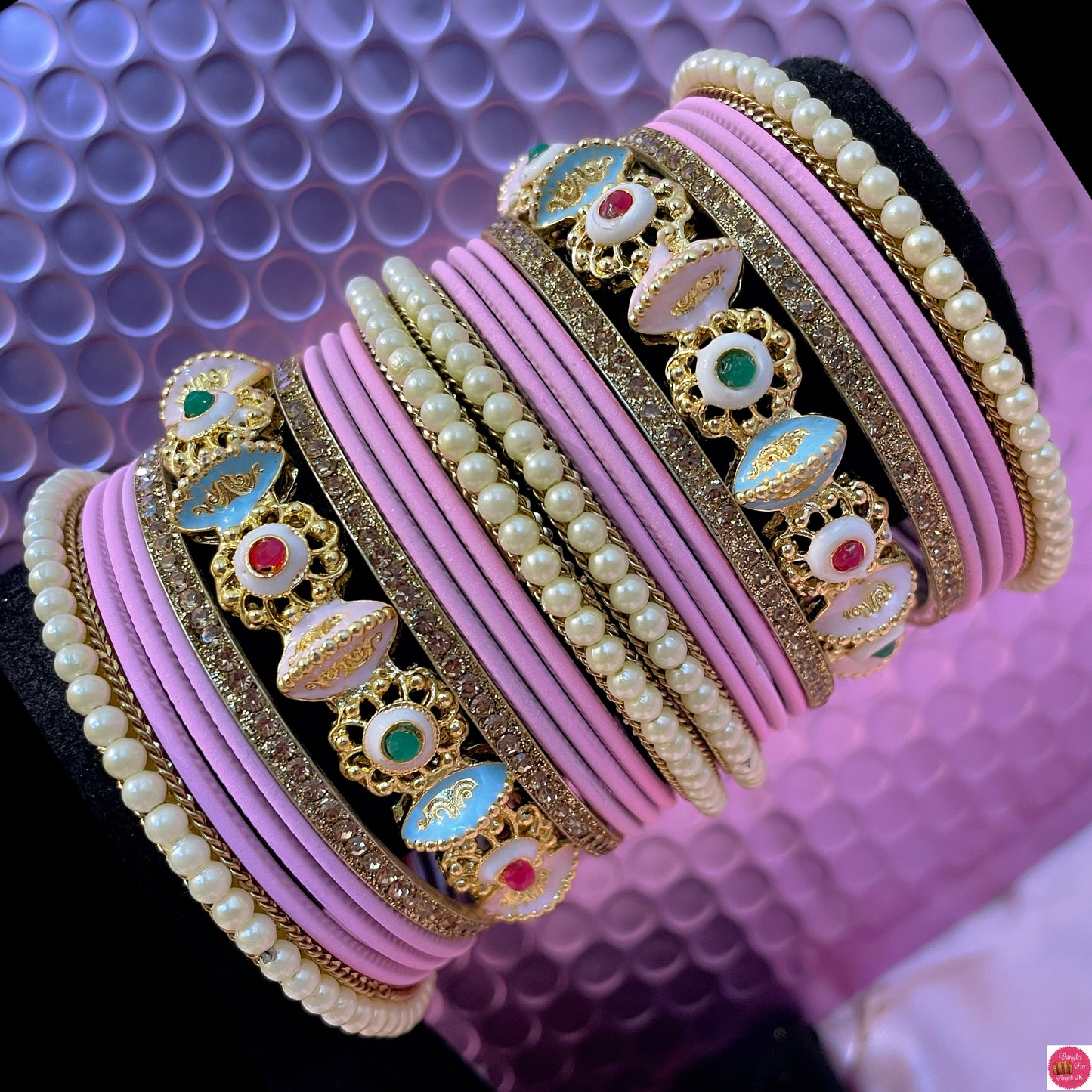 Pastel Pink Pearl Metal Bangles Set