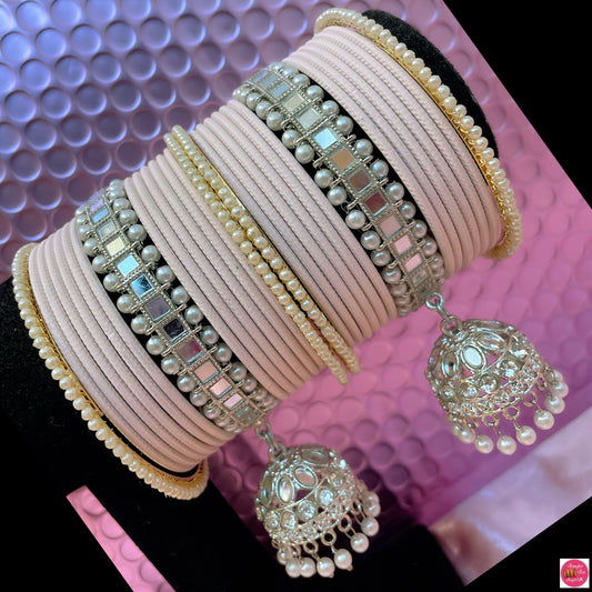 Silver Kundan Pearl Hanging Metal Bangles Set- Light Peach