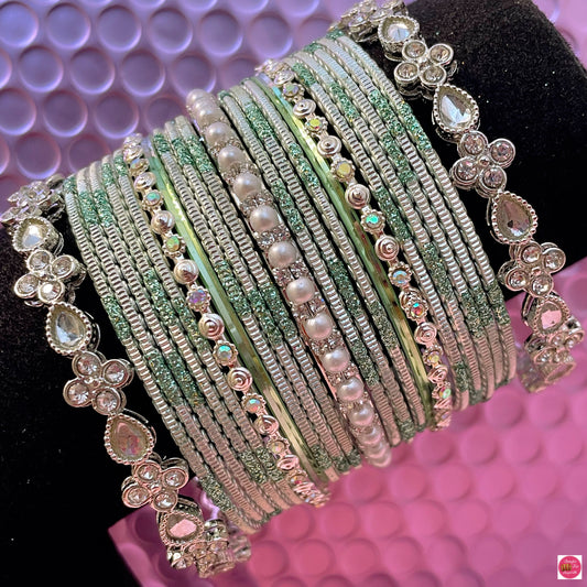 Silver Kundan Pearl Metal Bangles Set- Mint Green