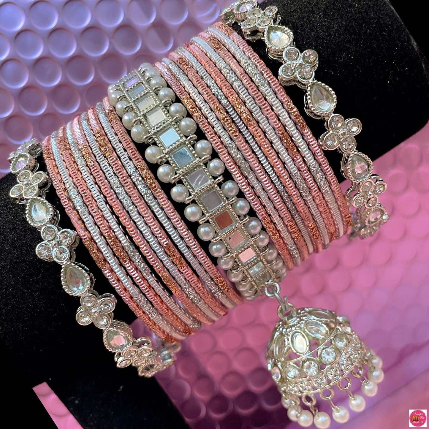 Silver Kundan Hanging Metal Bangles Set- Tuscany Pink