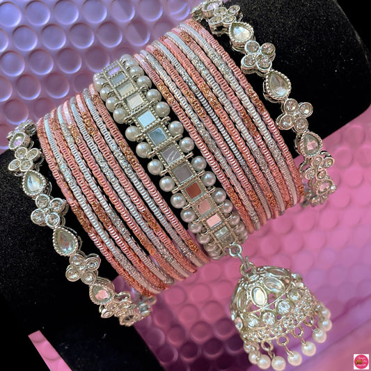 Silver Kundan Hanging Metal Bangles Set- Tuscany Pink