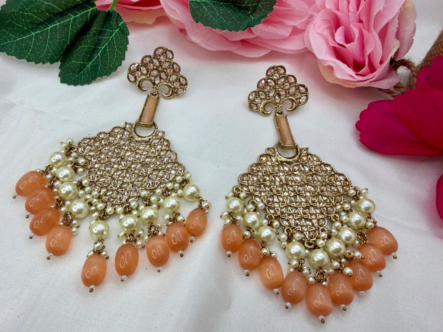 Kundan Pearl Peach Earrings