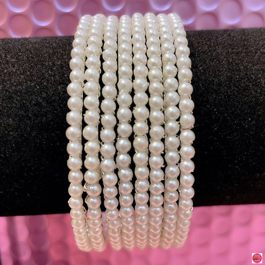 Silver & White Pearl Metal Bangles Set- Size 2.2