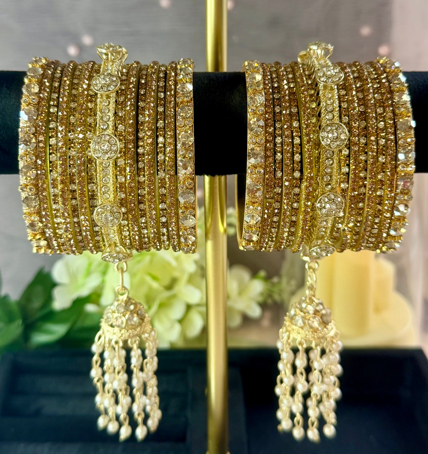 Gold Zirconia Glass Hanging Bangles Set