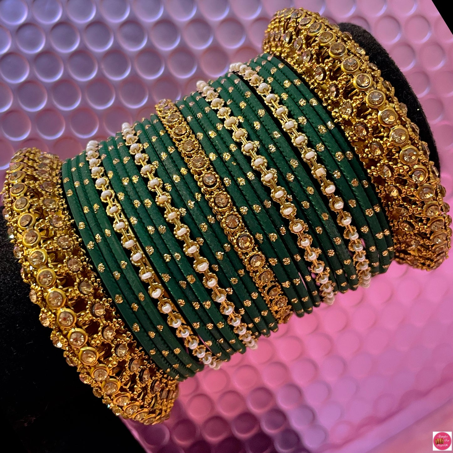 Gold Pearl Metal Bangles Set- Green