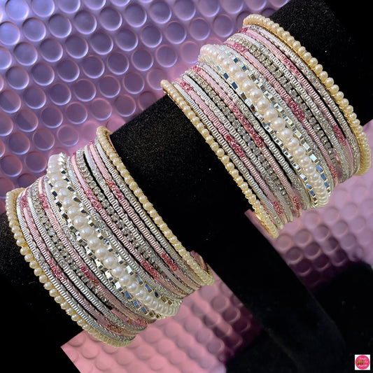 Silver Pearl Metal Bangles Set- Pink