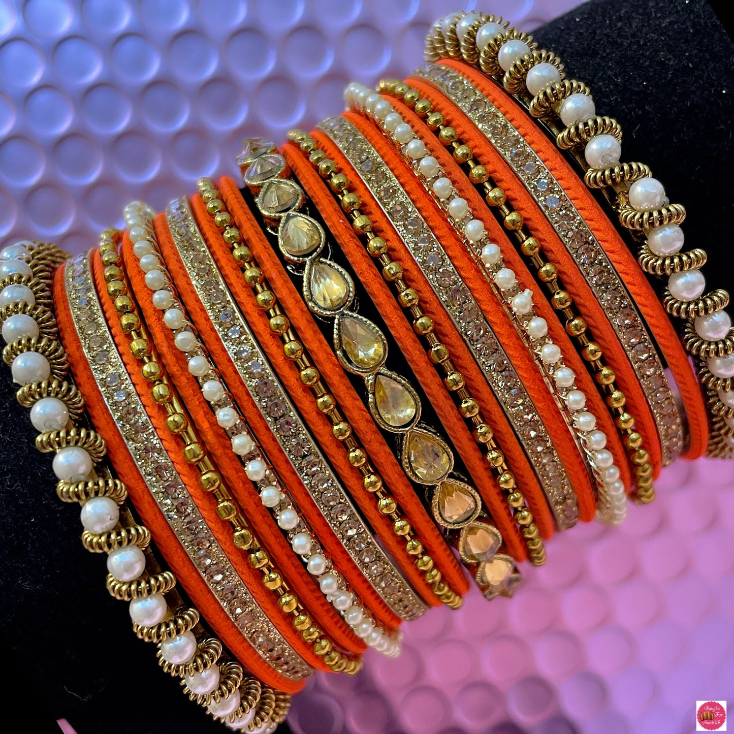 Kundan Pearl Metal Bangles Set- Orange