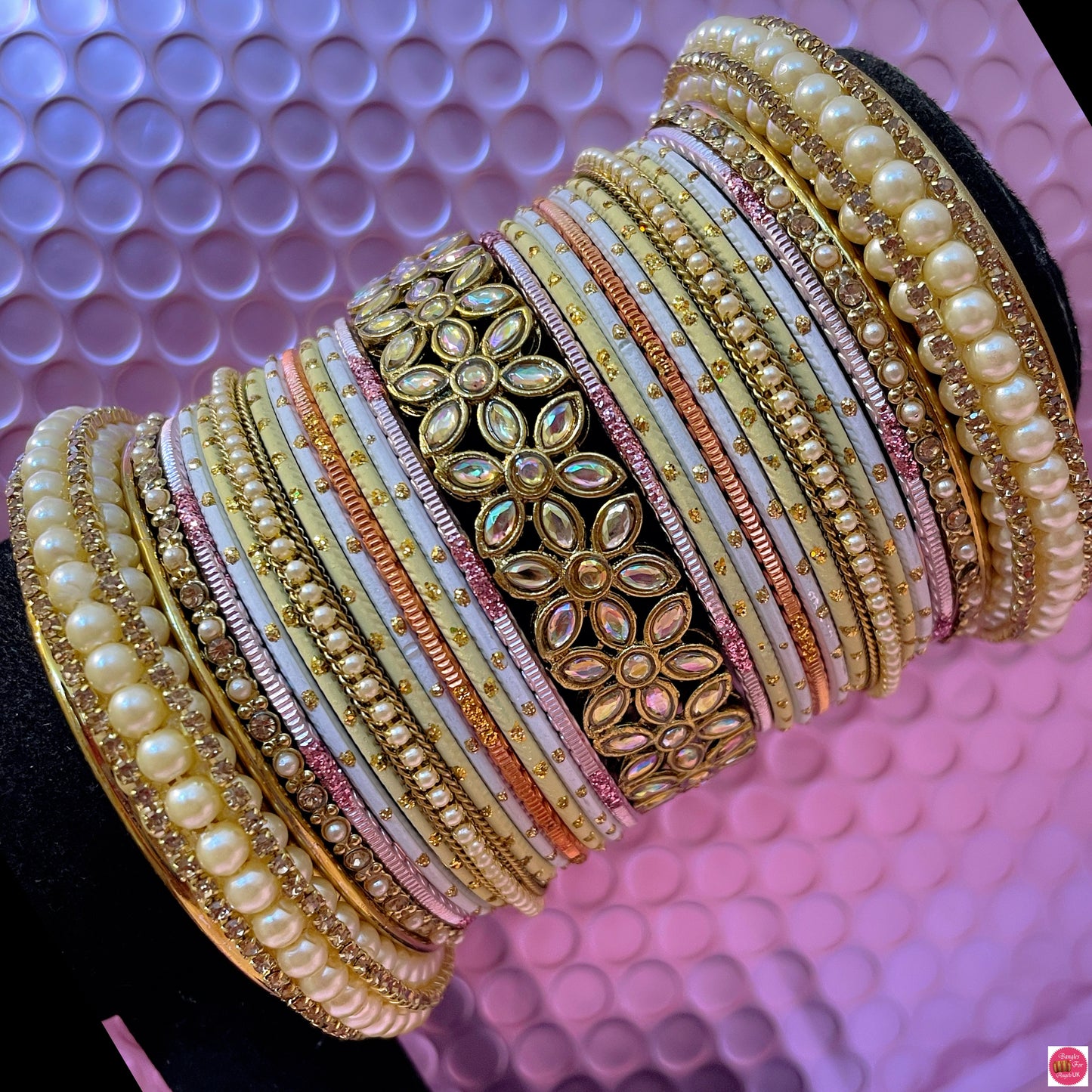 Kundan Pearl Metal Bangles Set- Cream