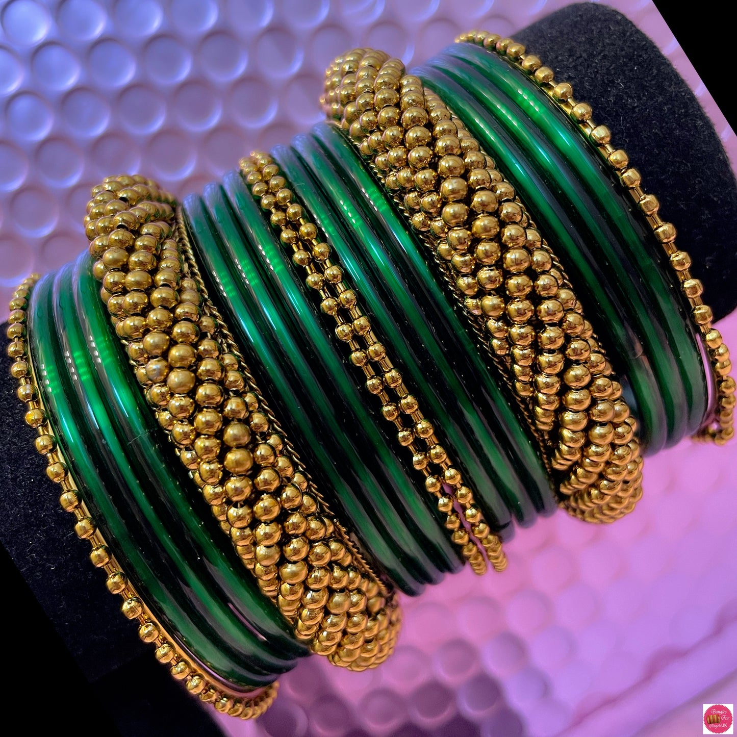 Gold Glass Metal Bangles Set- Green