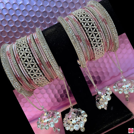 Silver Zirconia Hanging Metal Bangles Set- Light Pink