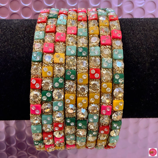 Multicoloured Stone Metal Bangles Set