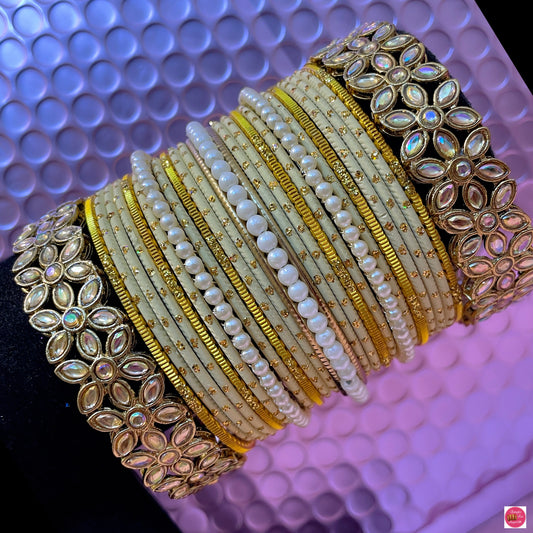 Kundan Pearl Metal Bangles Set- Cream/Yellow