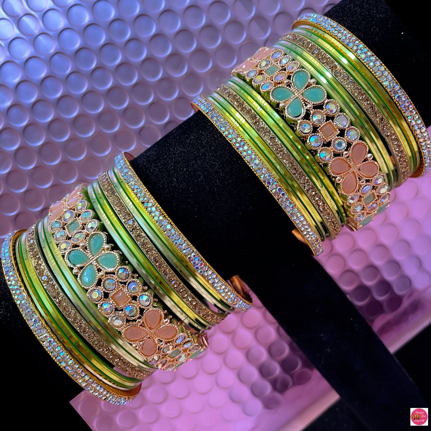 Gold Zirconia Mehendi Metal Bangles Set- Mint Green/Peach