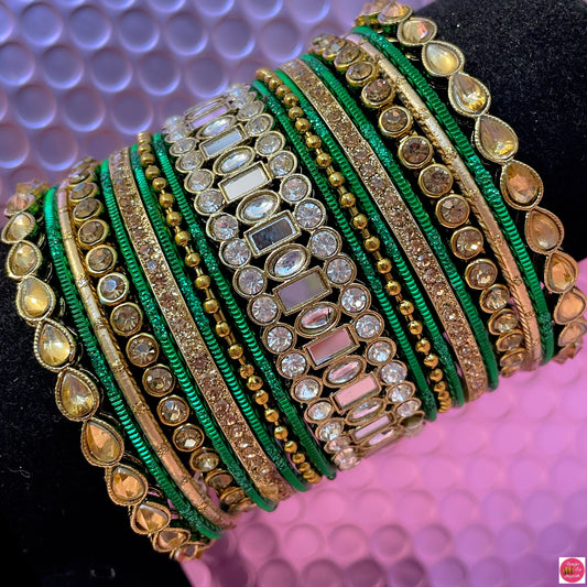 Kundan Metal Bangles Set- Green