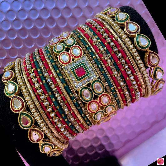 Kundan Jadau Metal Bangles Set- Red/Green