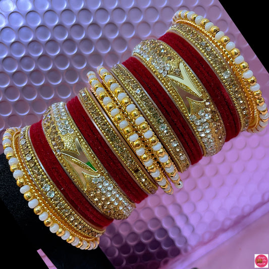 Pearl Gold Metal Bangles Set- Maroon