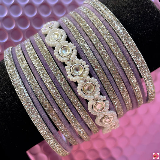 Silver Pearl Metal Bangles Set- Lilac/Lavender