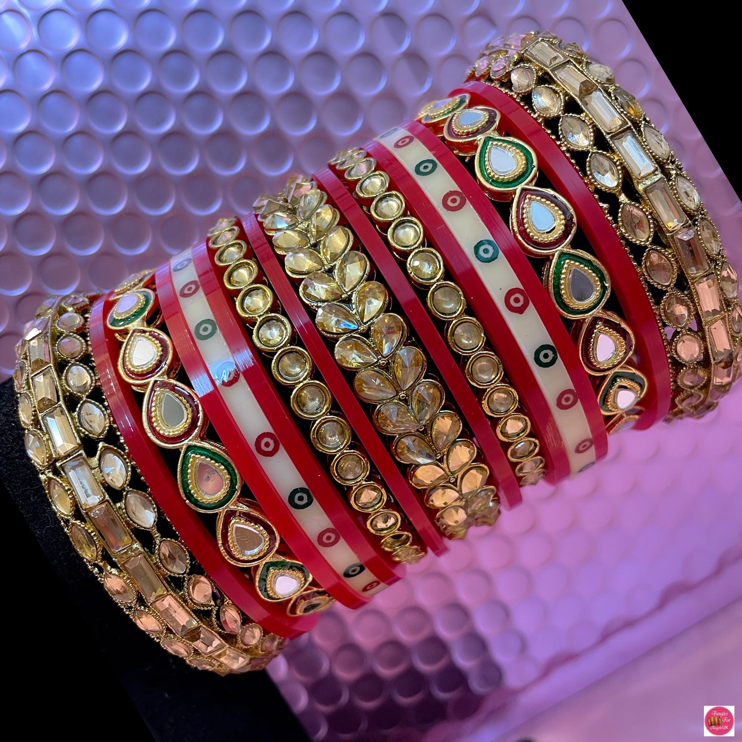 Kundan Bridal Punjabi Chura Bangles Set- Red