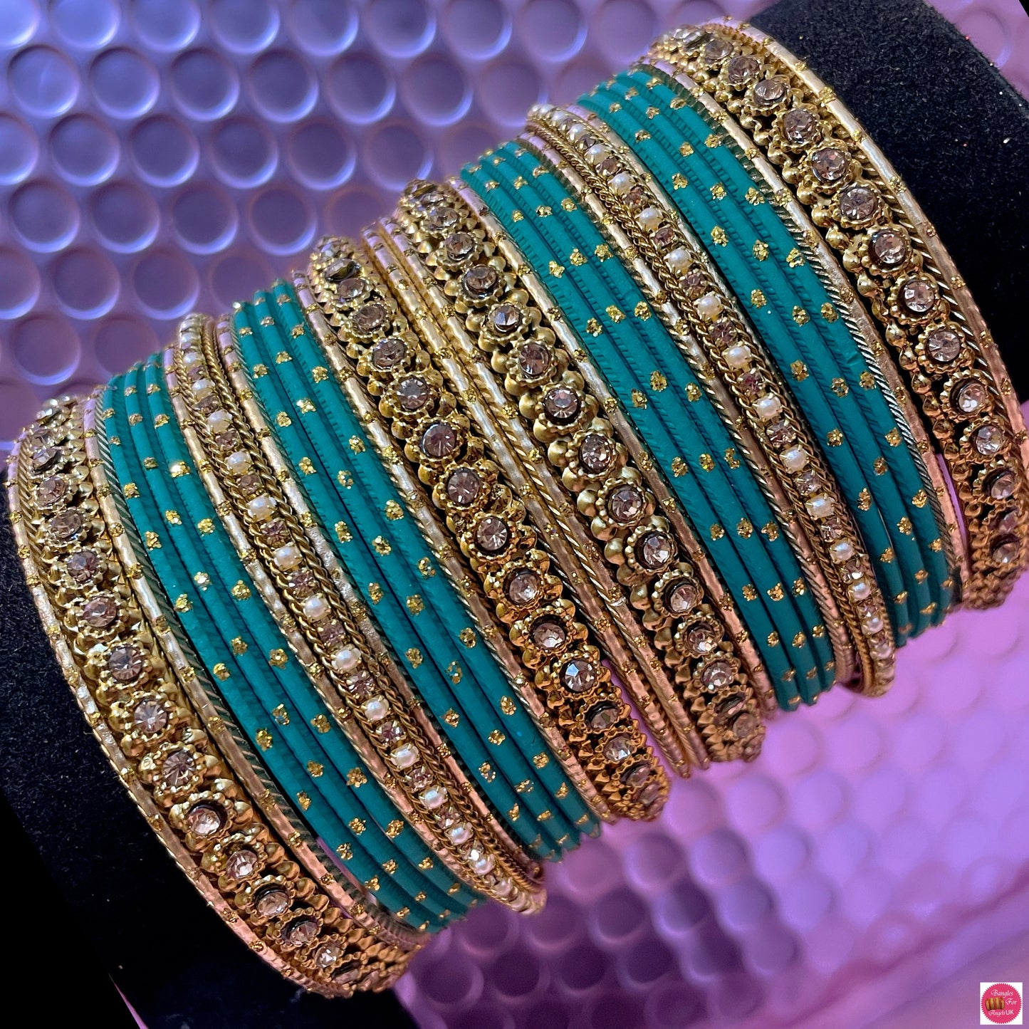 Gold Pearl Metal Bangles Set- Teal